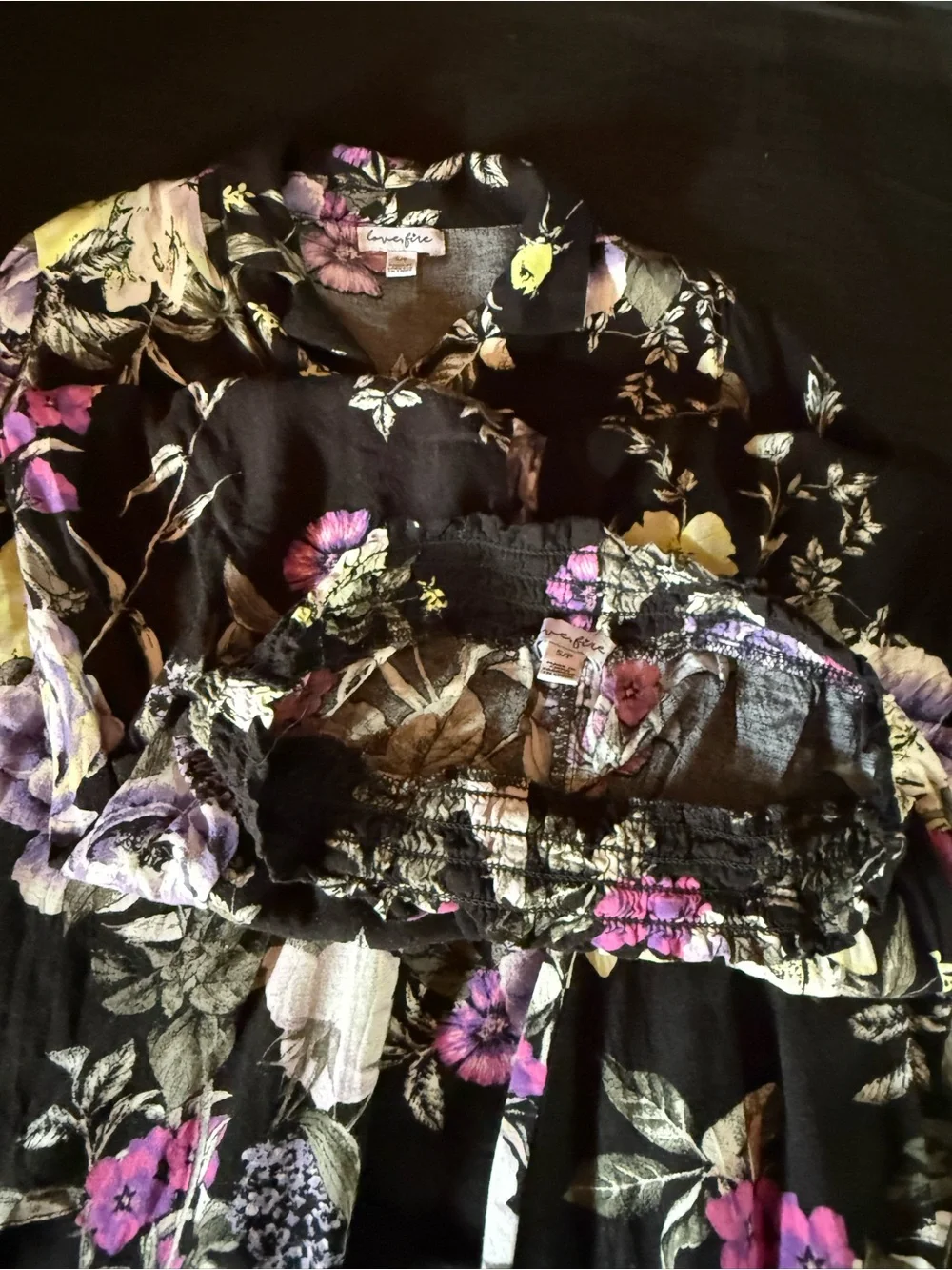 love, Fire Black Floral Matching Set with Purple & Yellow Blooms